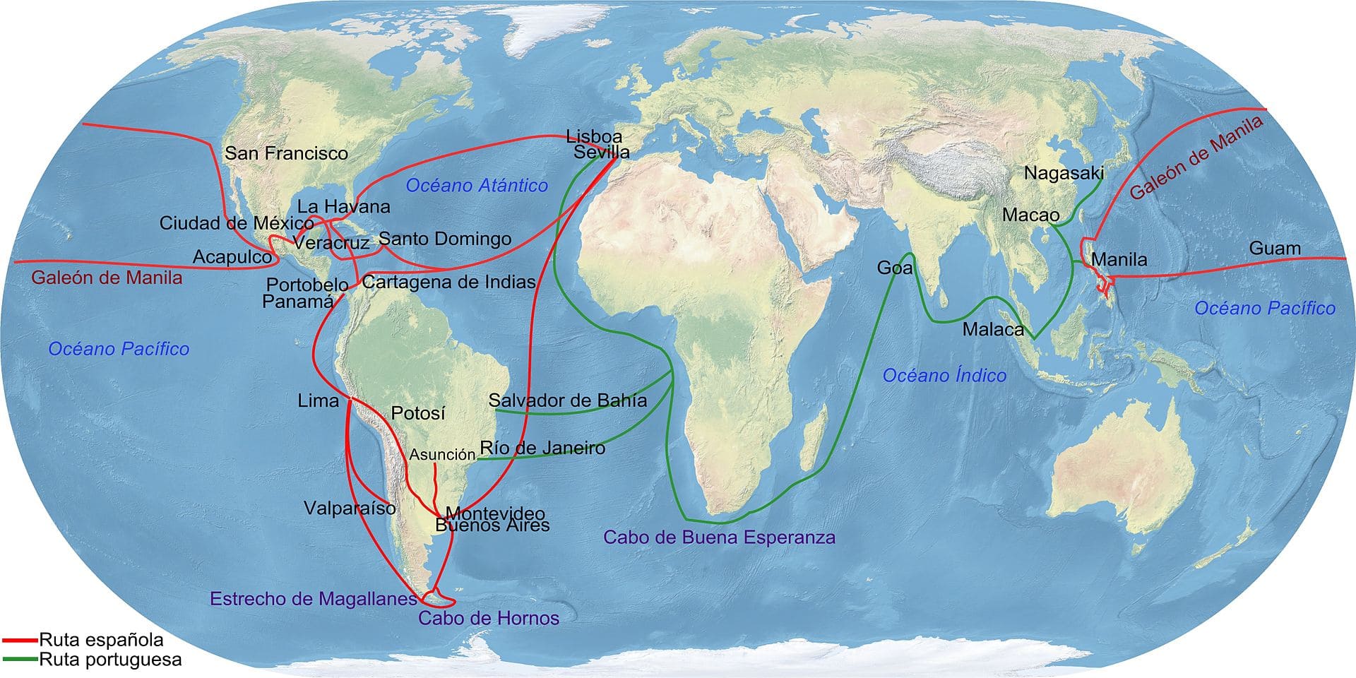 Principales rutas comerciales de las rutas españolas y portuguesas. La Flota de Indias estuvo activa del s.XVI al s.XVIII